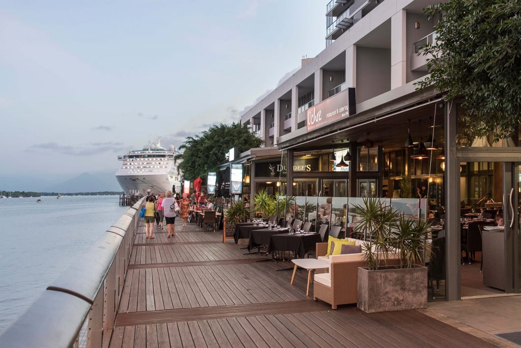 Ochre boardwalk and cruise ship